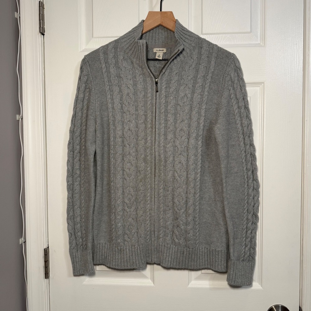 LL Bean Womens Gray Cable Knit Full Zip Cotton Cardigan Sweater fisherman M